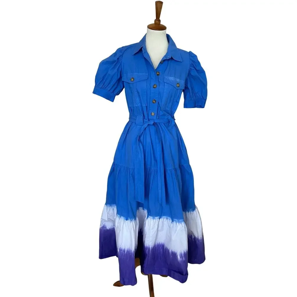 Derek Lam Blue White Ombre Midi Shirt Dress Size 18 Cotton Cottage Designer $460 - Picture 5 of 11